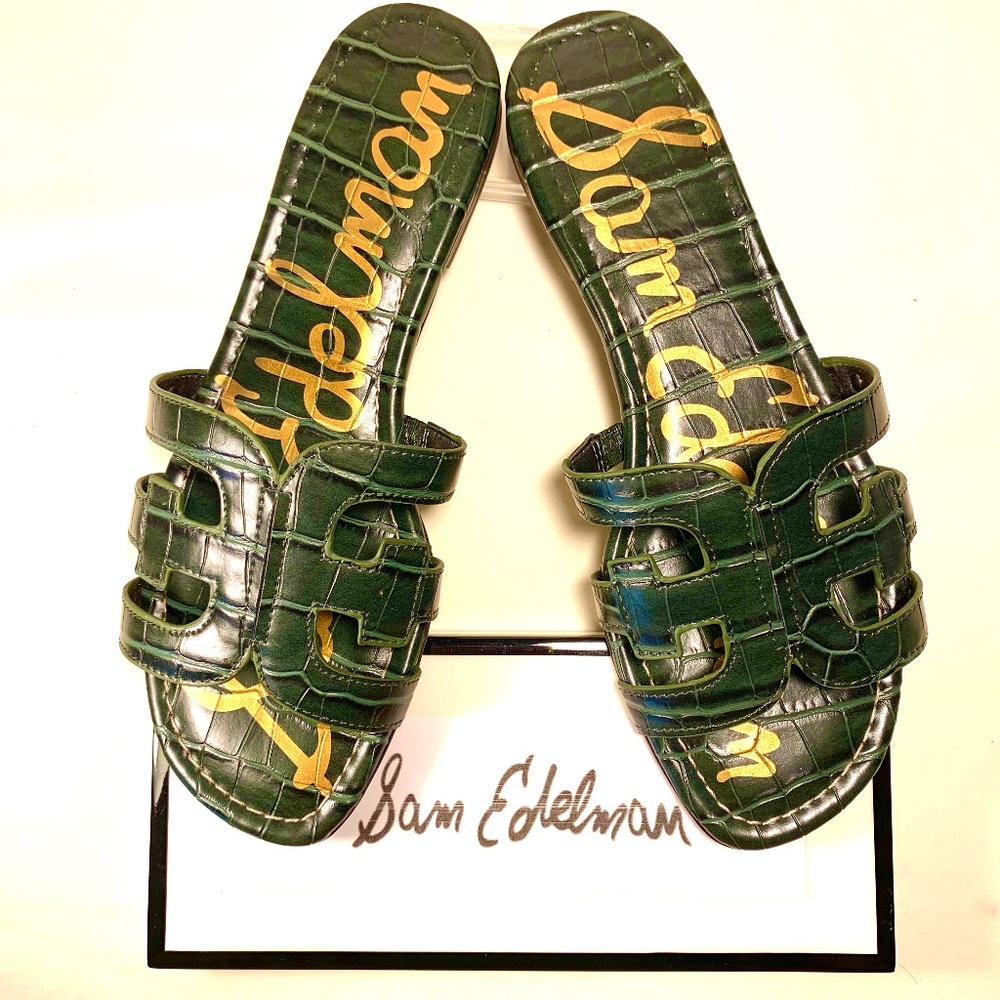 Sam Edelman Signature Bay Slide Flat Sandal Forest Green Leather size 8.5